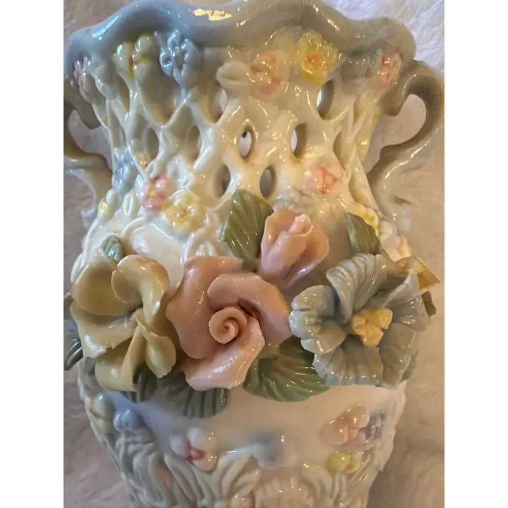 Vintage Porcelain Floral Vase Openwork Lattice Double Handle Pastel Flowers